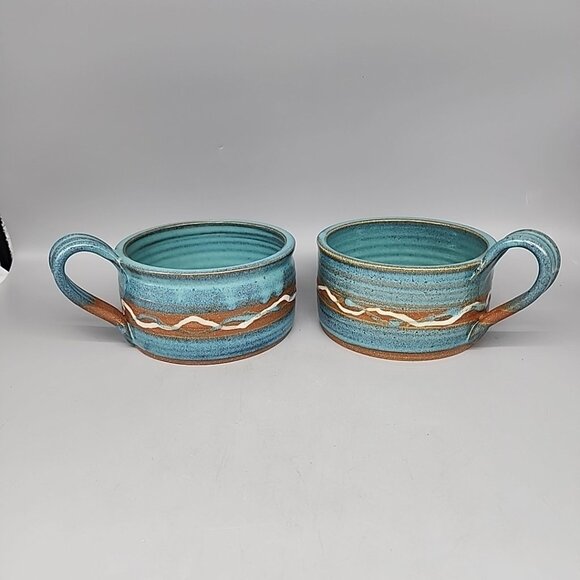 Handmade Other - Set Of 2 Artisan Pottery Handeled Bowls Drip Glaze Teal Beige Beautiful